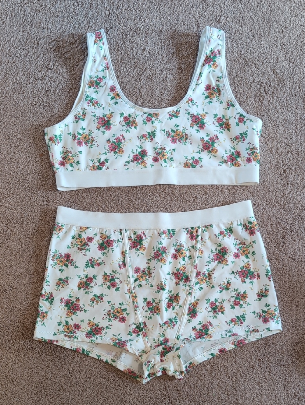 Floral Cotton-Blend Lounge Bra & Boxer Set - White with Pink & Green Floral